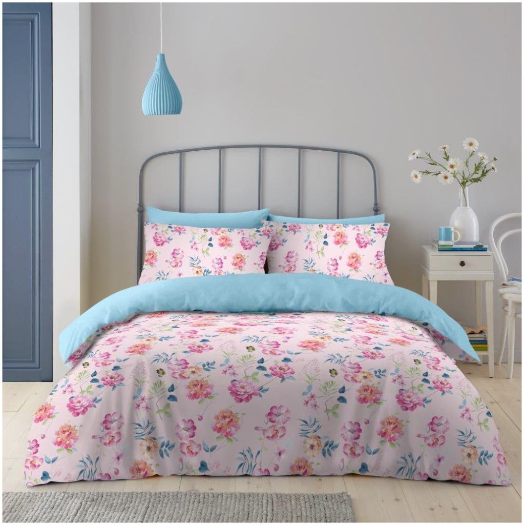 GC GAVENO CAVAILIA Reversible Duck Egg Blue Duvet Cover Sets Double | Floral Duvet Cover Microfiber Pink Bedding Sets With Pillow Cases | Breathable Comforter Bed Cover