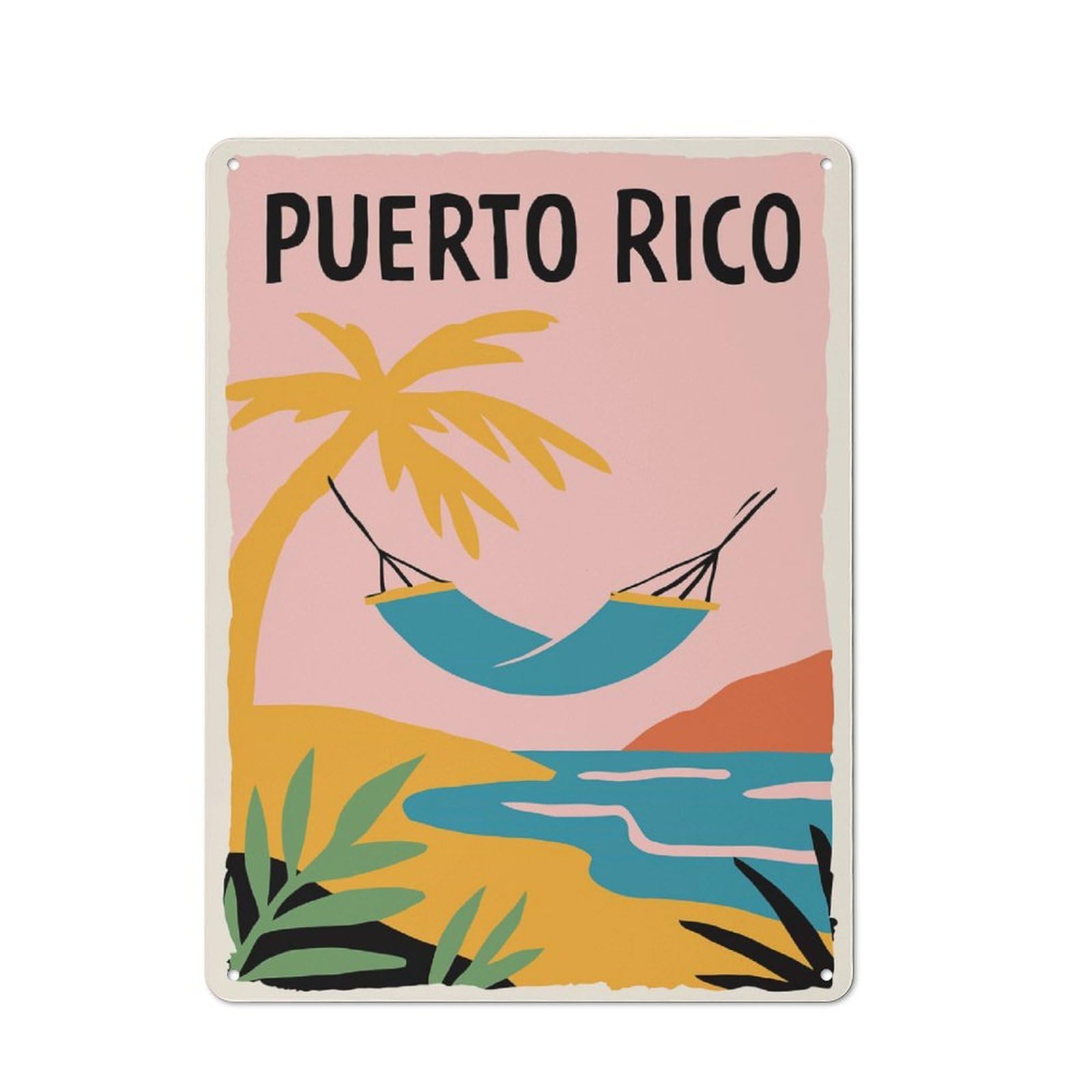 Junmoney Style-23 Puerto Rico Beach Hammock Travel Retro Tin Wall Plaque 40X30cm For Home Office Or Studio, For Cooler-Month Interiors With Retro Character