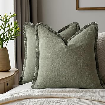 Set of 2 18x18 Inch Decorative Linen Fringe Throw Pillow Covers Washed Cotton Boho Farmhouse Throw Pillowcases for Sofa Bed Camping Green