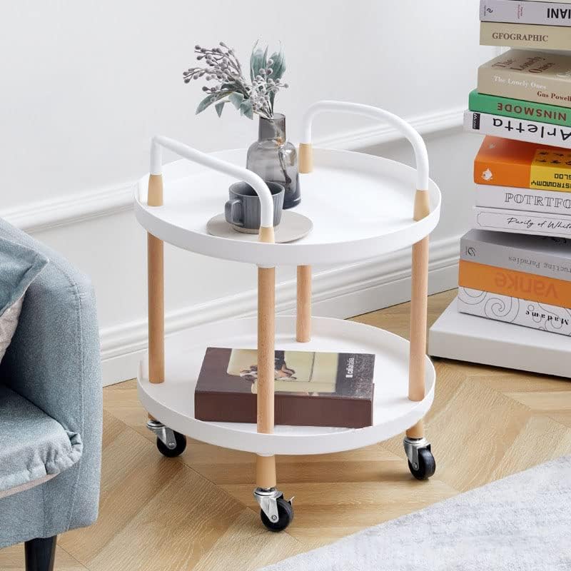 MUGATH 2 Layer Round Center Table Living Room,Coffee Table Sofa Side Snack Table with Wheels,Small Mobile Trolley,Multi-Layer Storage Shelves for Kitchen Living Room Bedroom Nightstand and Balcony-picture-20