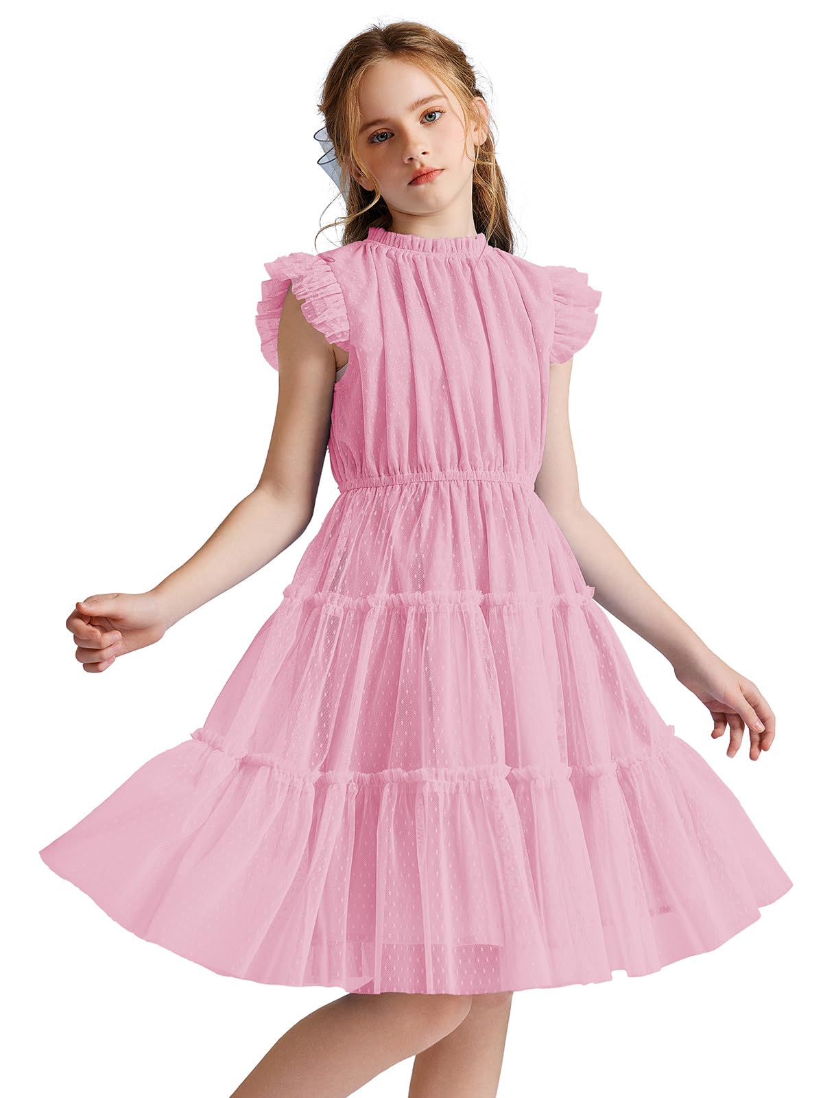 Quedoris Mädchen Tüllkleid, elastischer Hals und Taille, drei Schichten, Rüschenärmel, gestufter Rock, Party, Freizeitkleid