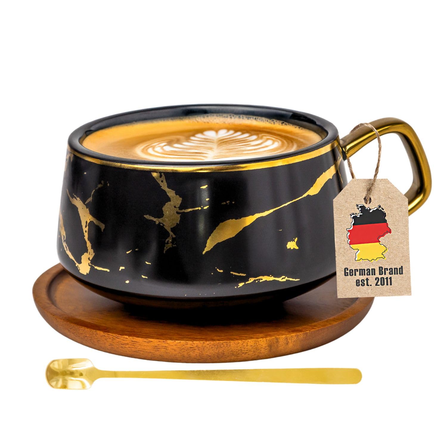 Tasse à café et thé en céramique marbré avec sous-tasse bois