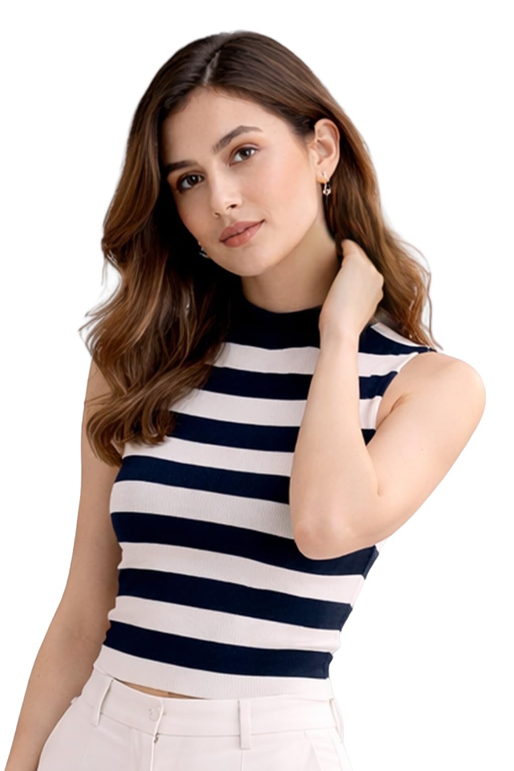 LASOON Women Striped Sleeveless High Neck Slim Fit Top | Casual Stretch Summer Tank-picture-16