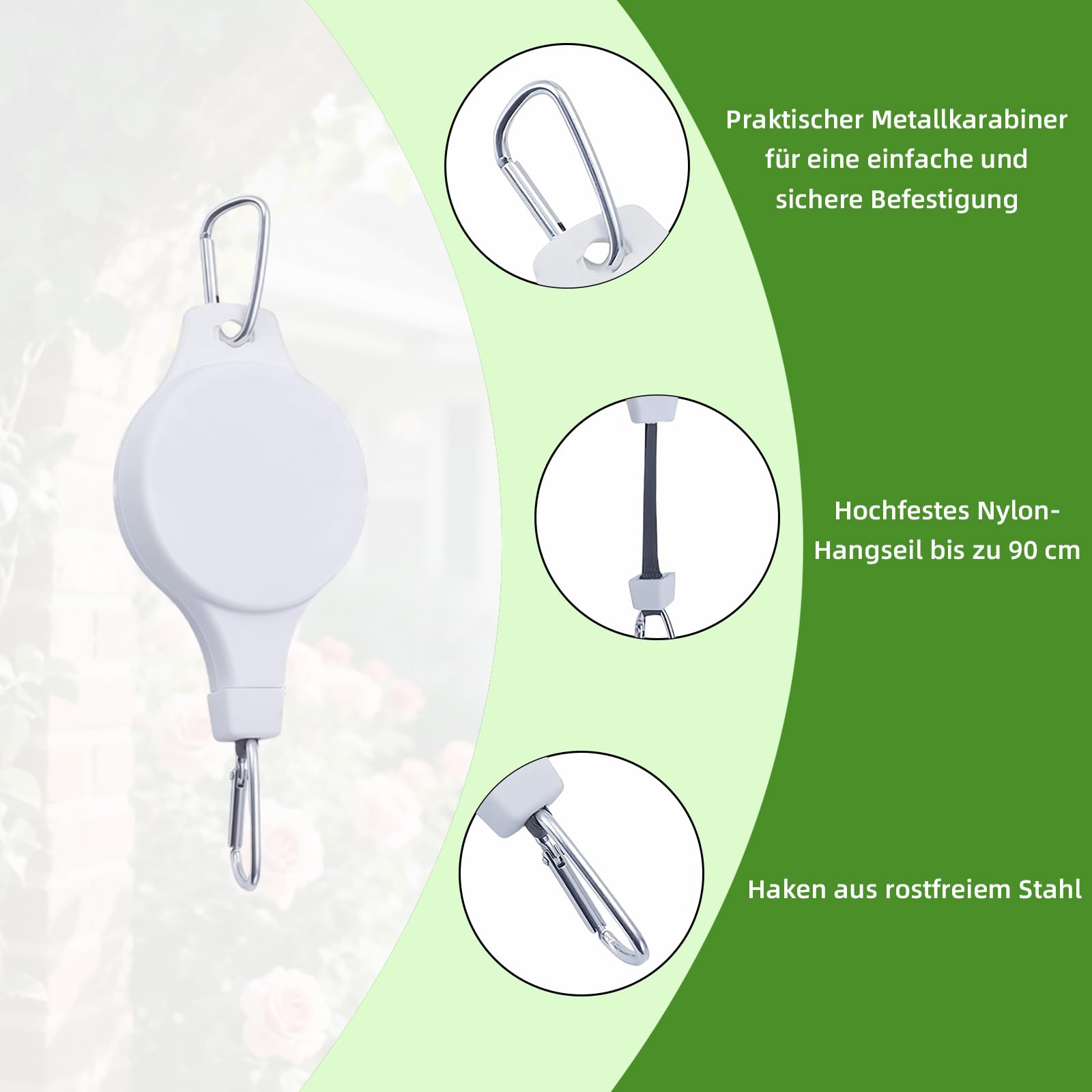 Lot de 2 crochets de suspension pour plantes rétractables, réglables - Pour pots suspendus et paniers à plantes - Support solide pour mangeoires à oiseaux, charge maximale de 1 à 15 kg (blanc)
