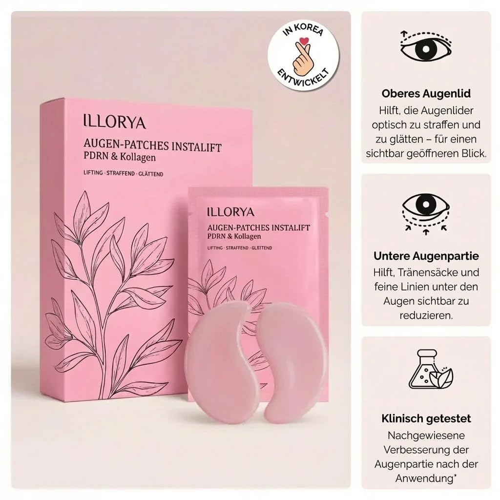 illorya Augen Patches InstaLift Mit PDRN & Kollagen PDRN + Kollagen Augenlid- und Unteraugenpartie Pflege – 15-Minuten-Lifting-Effekt, fester Halt, Transparente Wirkstoffaufnahme