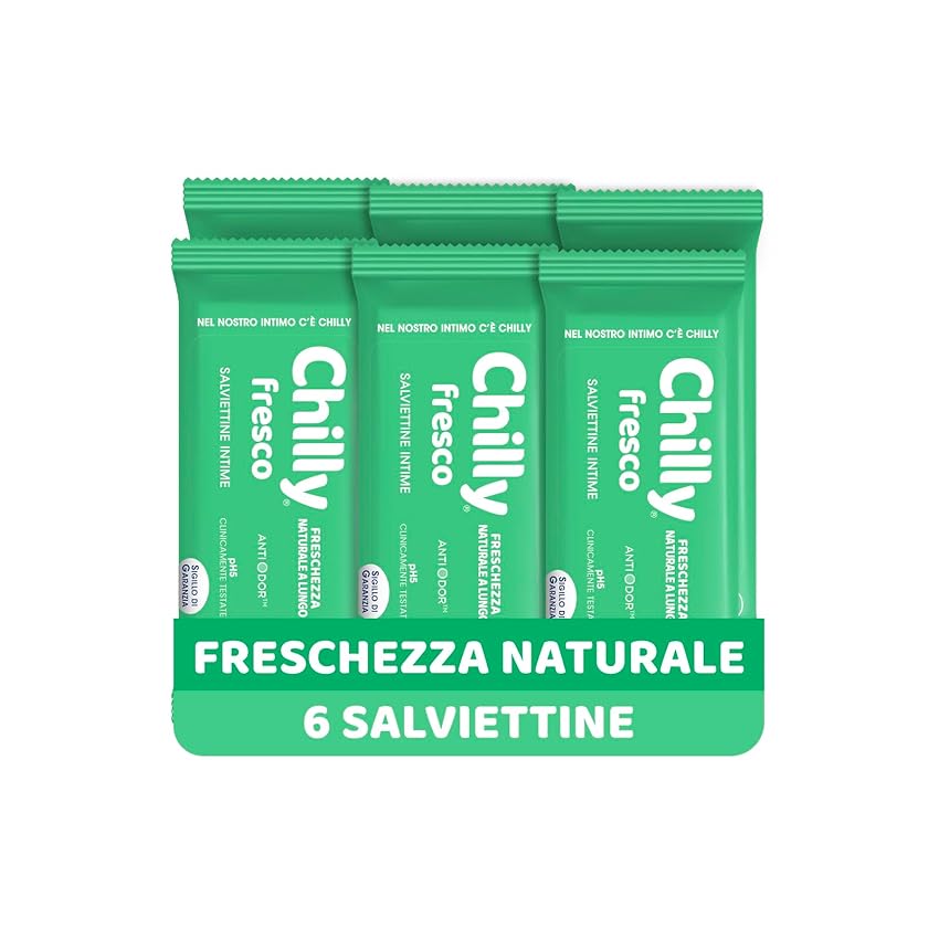 Chilly, Salviettine Fresco, Salviette Igiene Intima, Azione Protettiva con Mentolo Naturale, per Uso Quotidiano, Clinicamente Testato, pH 5 - Confezione da 6 Pezzi