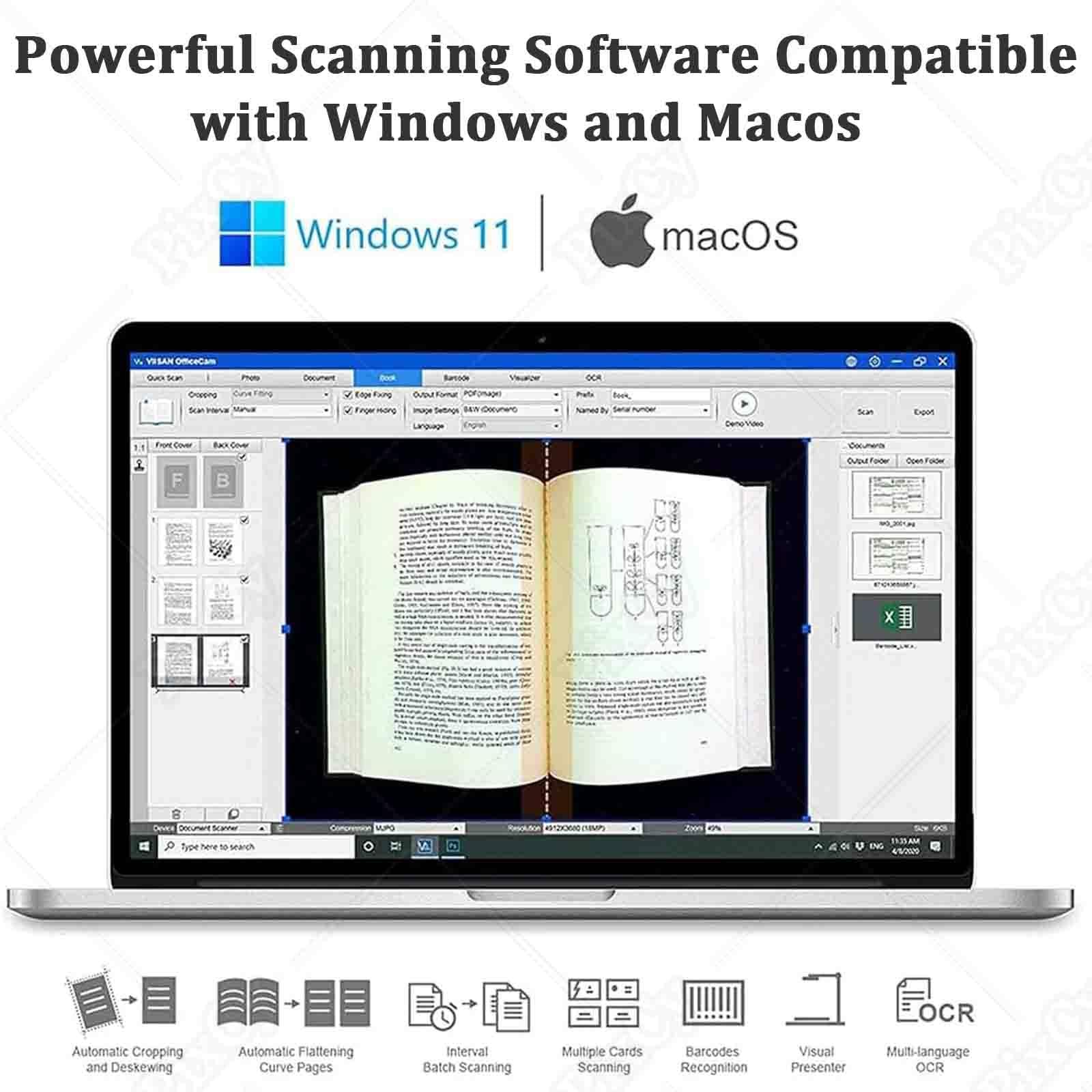PixCy Escáner Superior A2/3, escáner Documentos con cámara 23 MP, reconocimiento Texto OCR y Altura Ajustable, tecnología descurvatura automática páginas Curvas, luz LED incorporada