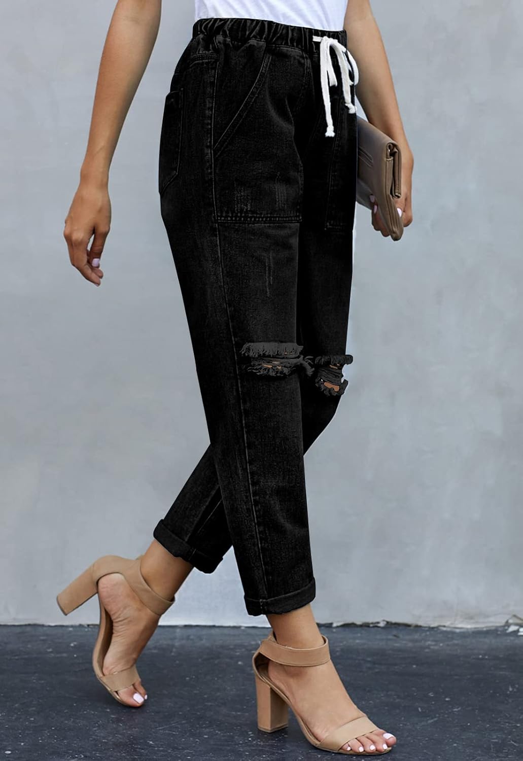 Metietila Women’s Casual Pull-on Distressed Stretch Jeans Elastic Waist Jean Denim Joggers Pants - Image 4