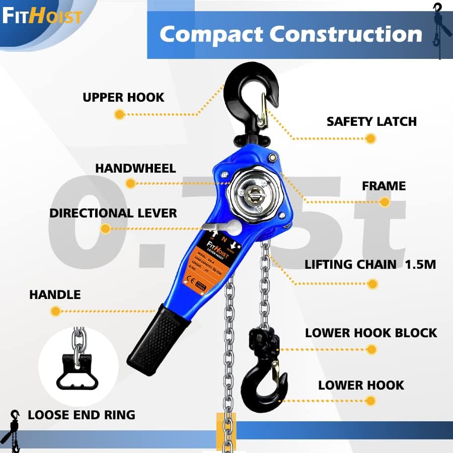 Lever Chain Hoist 1650LBS Capacity 5FT Manual Ratchet Chain Puller Hoist with 2 Hooks for Open-Air and Unpowered Operations (1650LBS 5FT)
