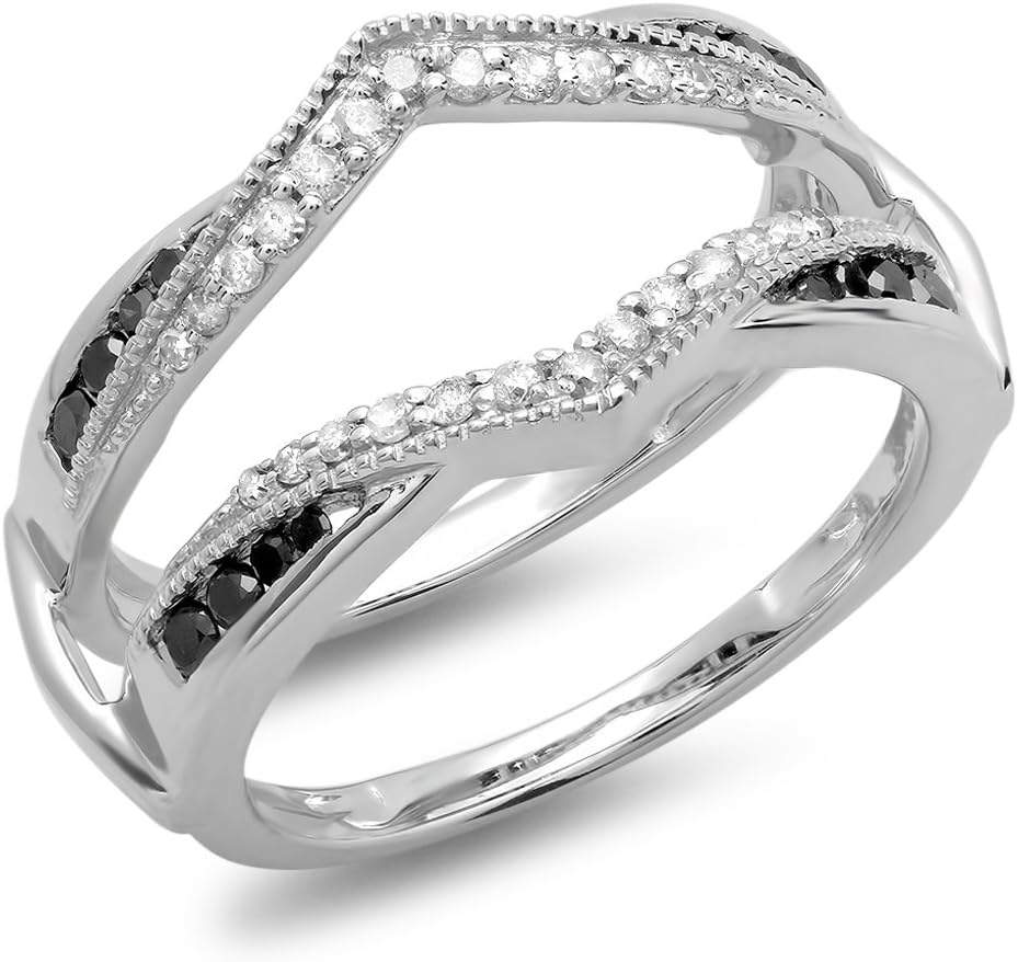 0.50 Carat (Ctw) 14K White Gold Plated Round Black & White Diamond Ladies Anniversary Wedding Band Enhancer Guard Double Ring 1/2 CT