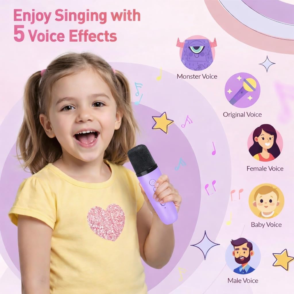 Kids Karaoke Machine with 2 Wireless Microphones, Bluetooth Speaker with Voice Changer & LED Lights, Portable Singing Toy Gift for Boys & Girls Ages 3–12 - Image 3