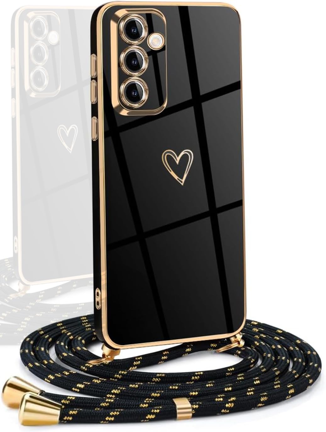 YAMCCCSE Cover per Samsung Galaxy S24 Plus con Collana Amore Cuore Custodia per Silicone Sottile Laccio Tracolla Case con Protezione Fotocamera Dorata Placcatura Cornice Paraurti, Nero