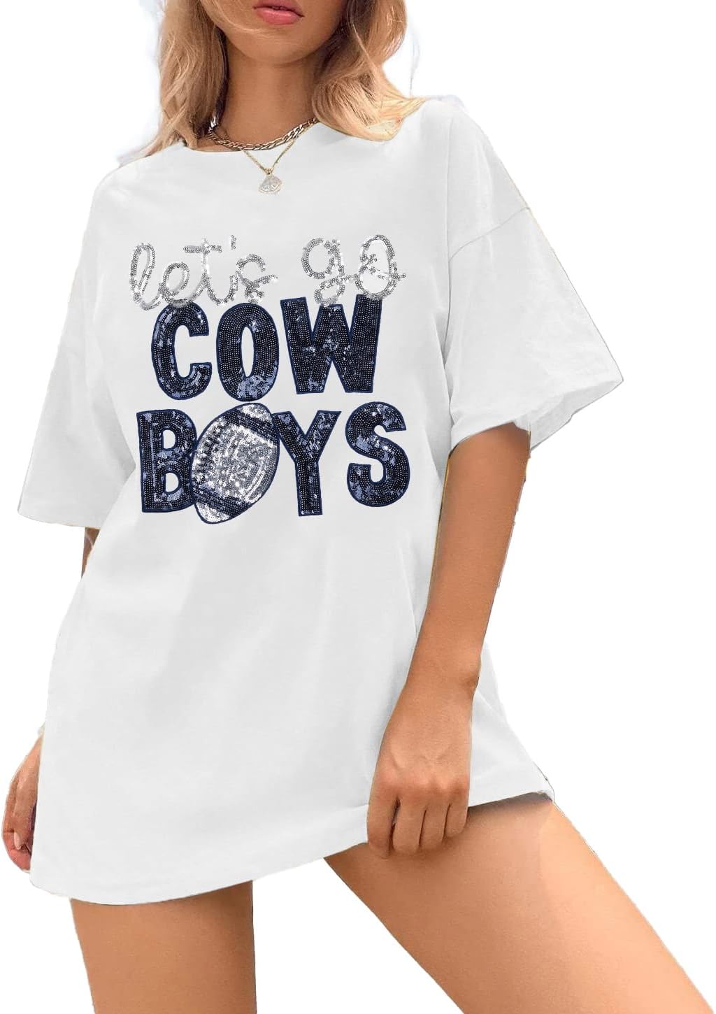 Womens Football Sequin Embroidery Shirts Oversized Vintage Game Day Tshirt Casual Football Season Short Sleeve Tops - Image 2