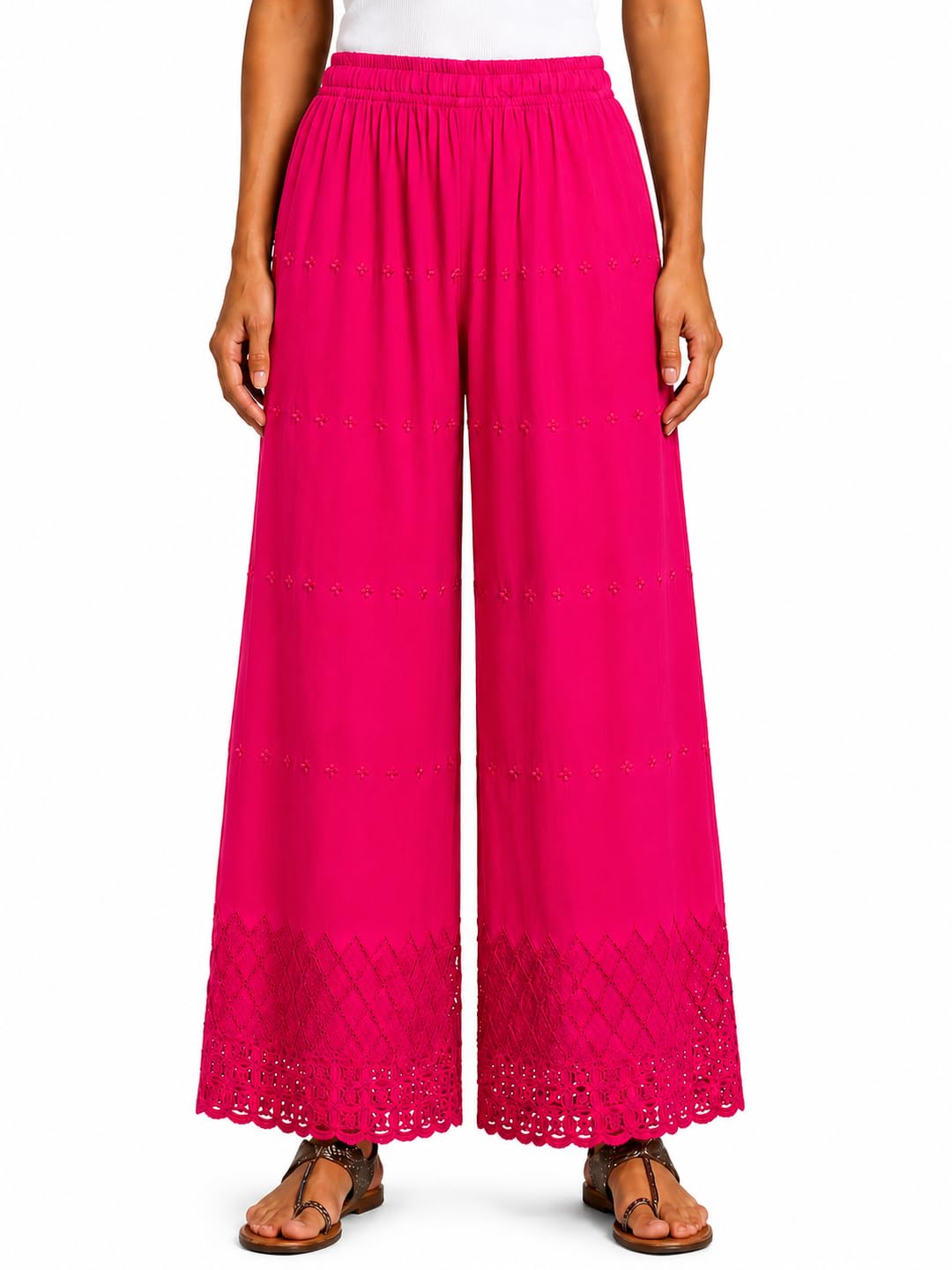 Women's Embroidered Rayon Palazzo Pants | Elastic Waist Full Length Wide Leg Palazzo with Lace Border | Casual Ethnic Wear | Half Chicken-picture-40