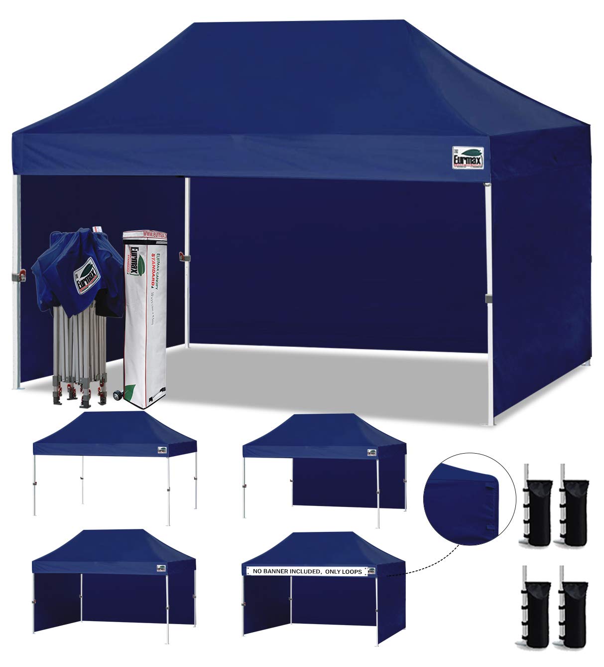 Eurmax USA 10x15 Pop Up Canopy Tent,Commercial Tent with Patented No-Tip Rolling Bag,4 Zippered Removable Walls,UV &amp; Water Resistant Canopy Top,Heavy Duty Outdoor Gazebo,Instant Shelter(Navy Blue)