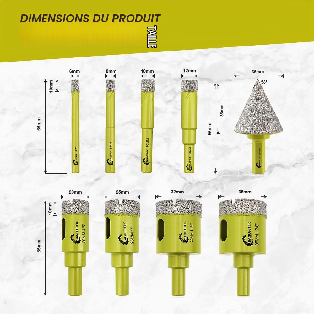 Foret Diamant Carrelage Kit 9Pièces (6/8/10/12/20/25/32/35mm+35mm Queue Hexagonale Mèches de Chanfrein) Scie Cloche avec Tige Ronde pour Céramique Porcelaine Marbre Granit Quartz SANLEETEK