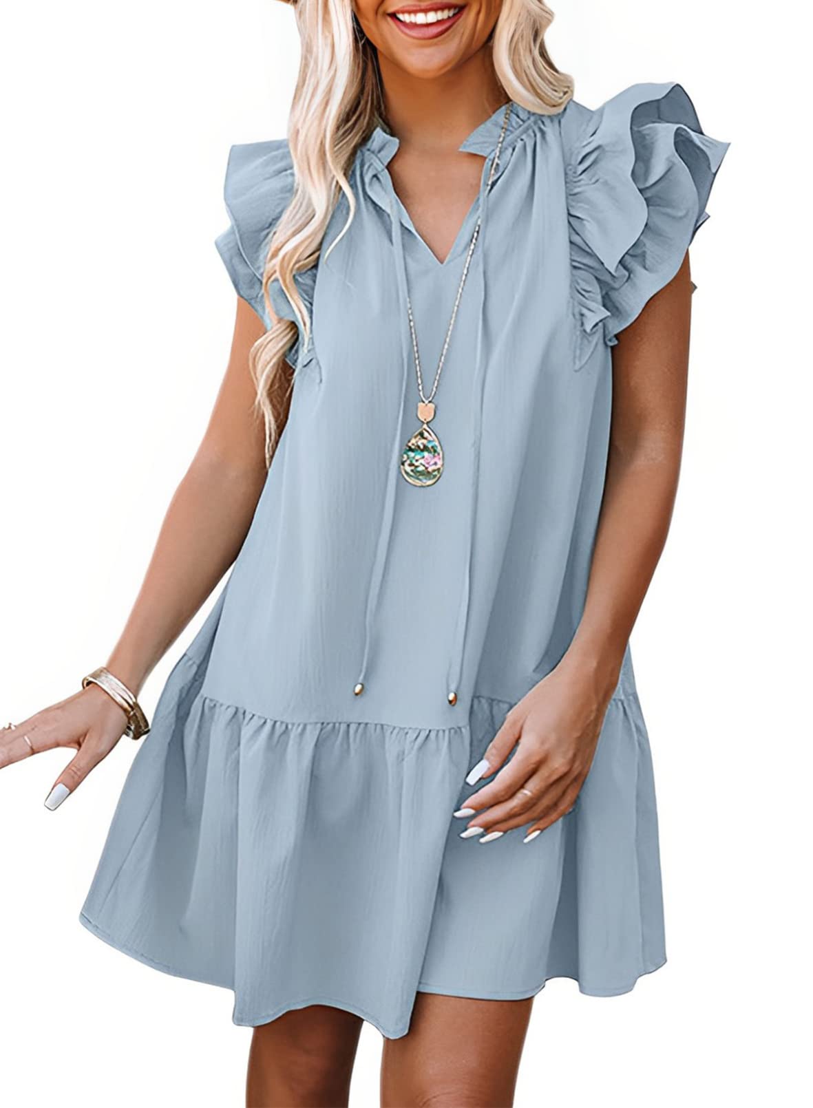 Dokotoo Womens Summer Dresses 2026 V-Neck Drawstring Ruffle Cap Short Sleeve Side Pockets Mini Dress Sundress