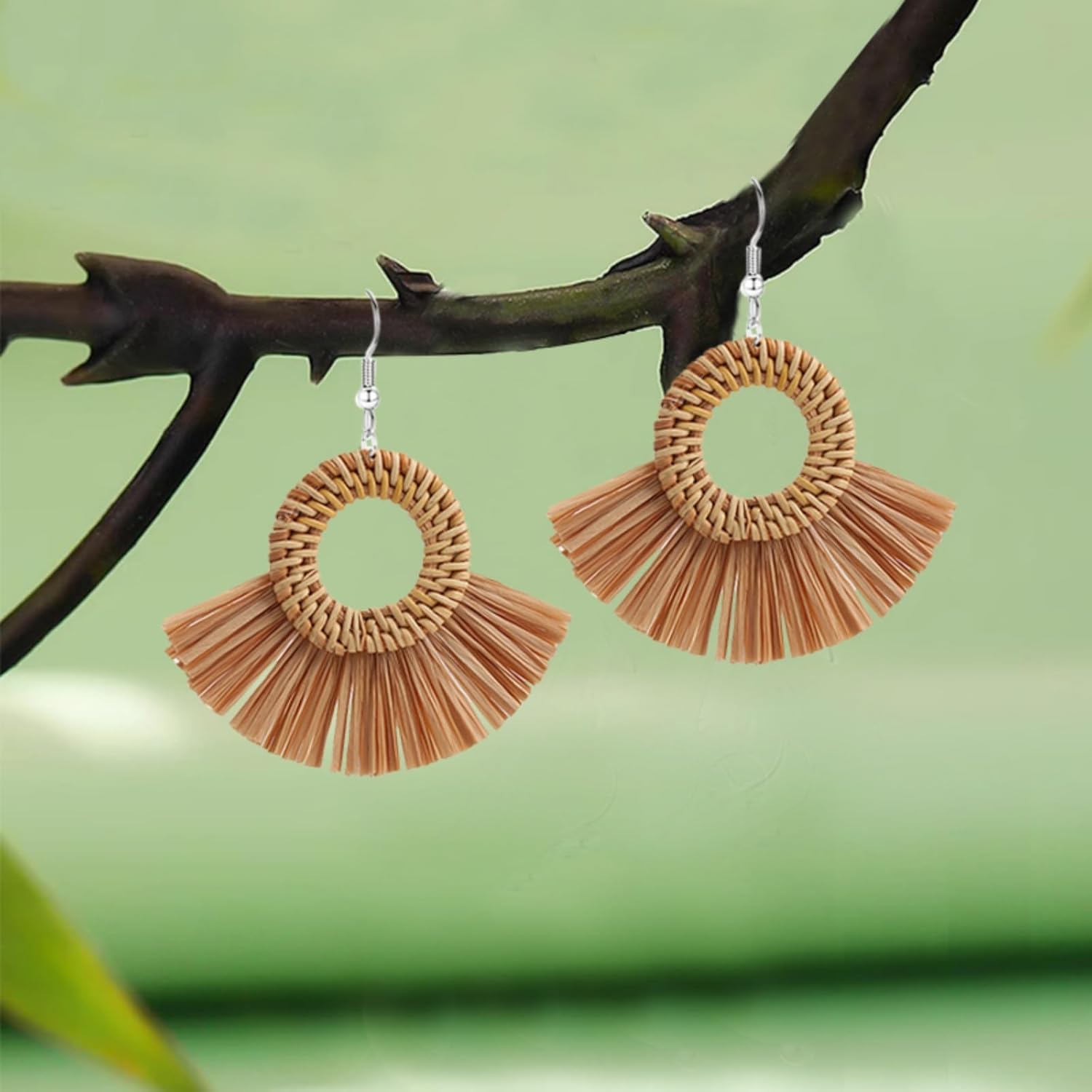 Boho Summer Beach Earrings for Women Lightweight Straw Wicker Earring Statement Raffia Fan Round Tassel Dangle Drop Earrings Hawaii Jewelry - Image 2
