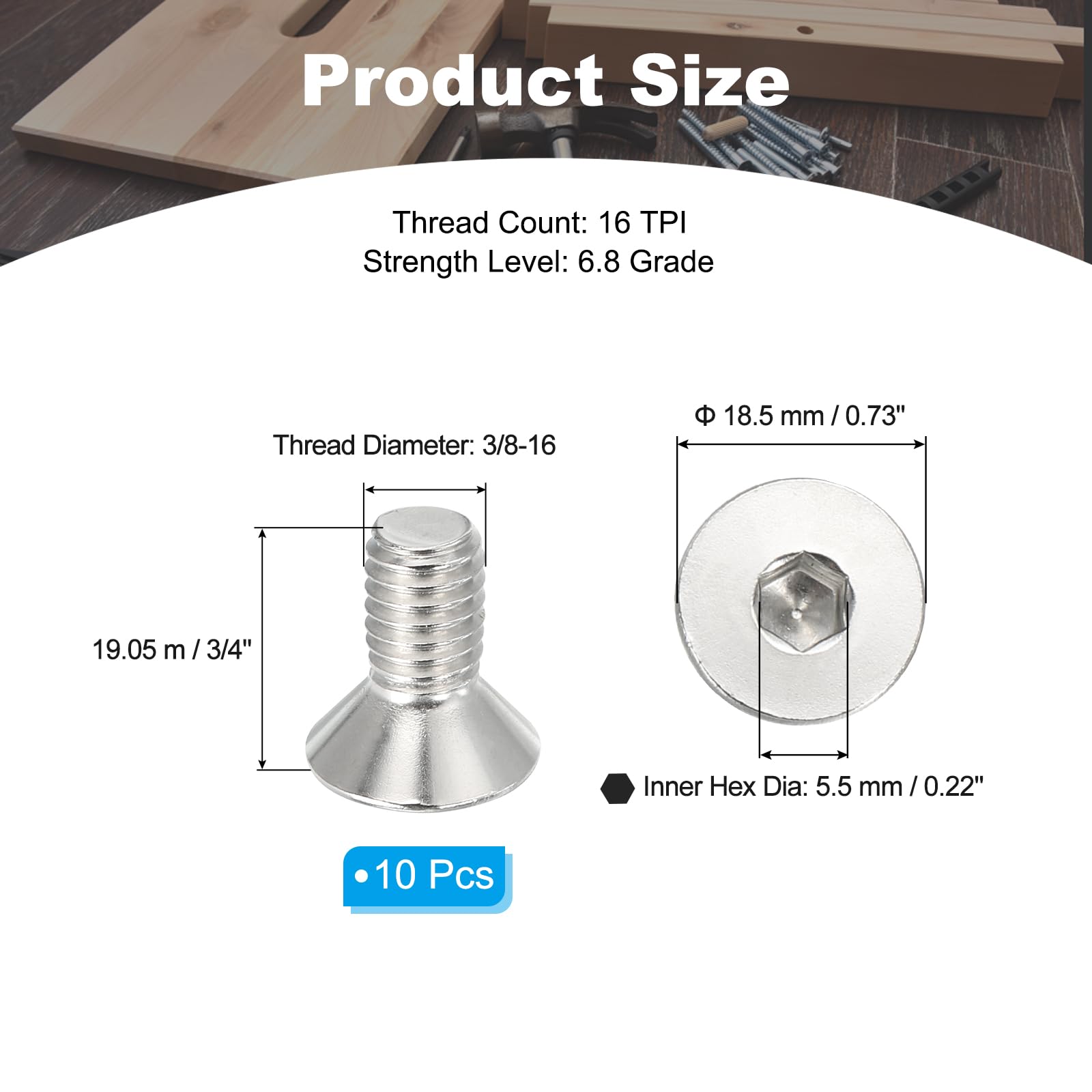 PATIKIL 3/8-16 x 3/4" Flat Head Socket Cap Screws - Image 2
