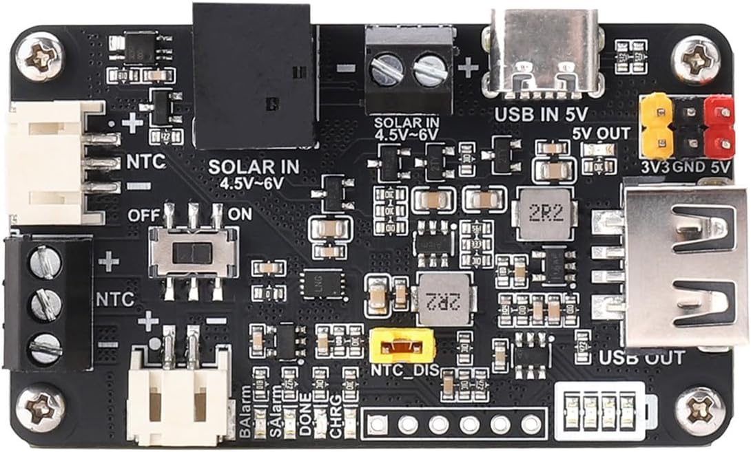 Solar Power Management Module for 5V Solar Panel & 3.7V Lithium Ba-ttery Charging, USB/Type-C Input, 5V/3.3V Output, Ba-ttery Protection for IoT & Environmental Monitoring
