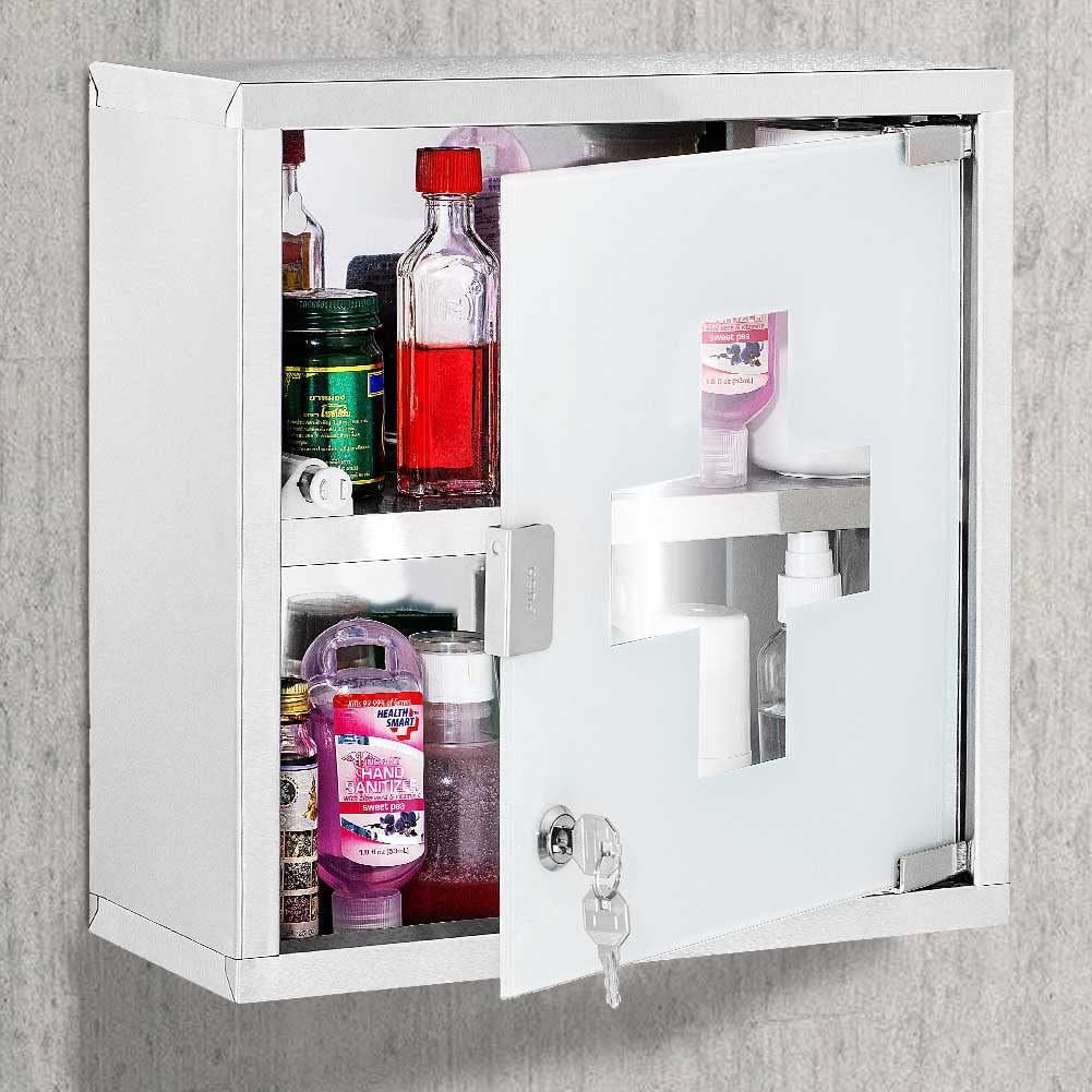 BAKAJI Armoire Porte-médicaments Armoire de Premiers Secours en Acier Inoxydable et Verre satiné Couleur Argent (30 x 30 cm)