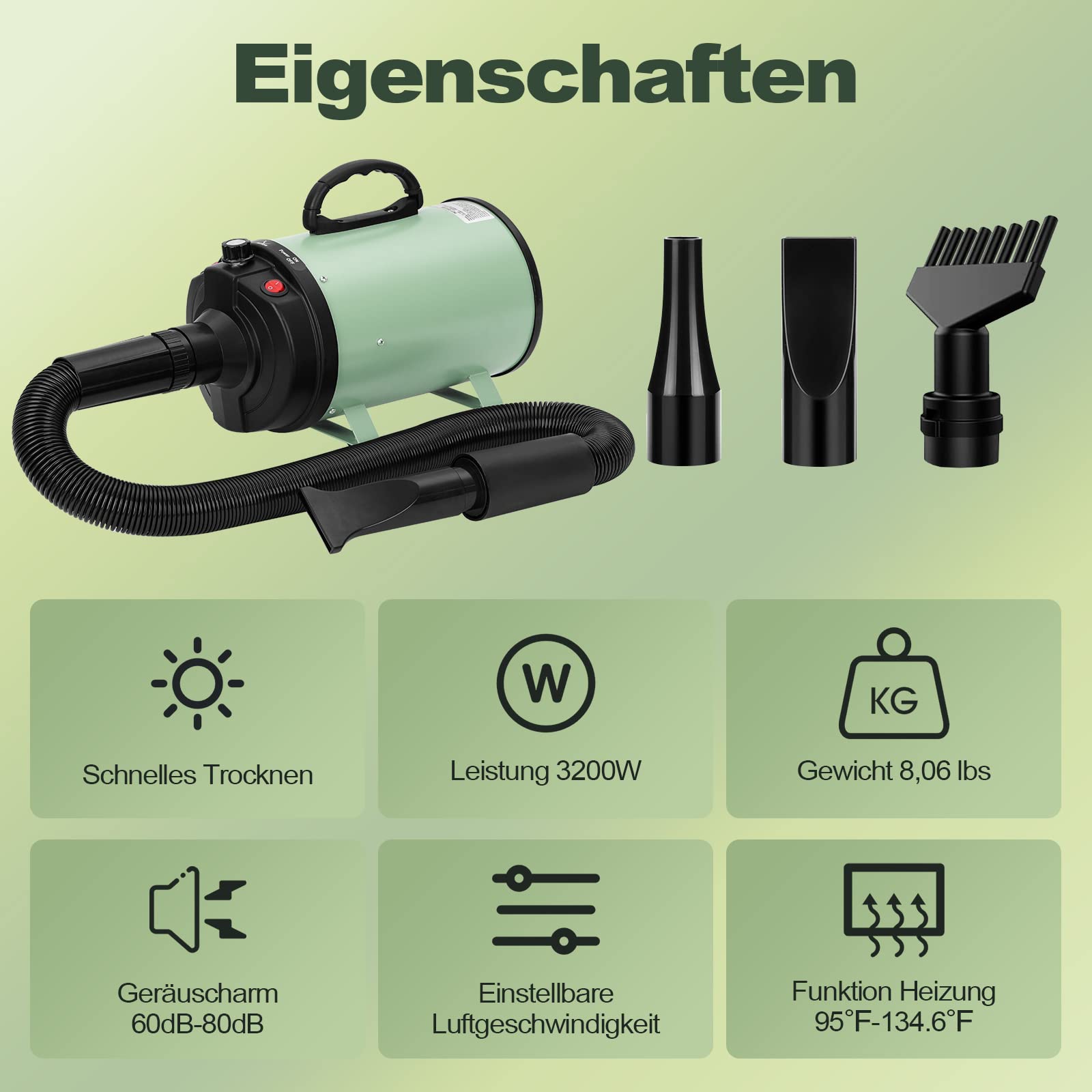 XKISS Soffiatore per Cani 3200W/4.5 PS, Asciugatore per Cani,Continua con velocità e Temperatura Regolabile Asciugacapelli per Animali Domestici, con 4 Ugelli Diversi (Verde)