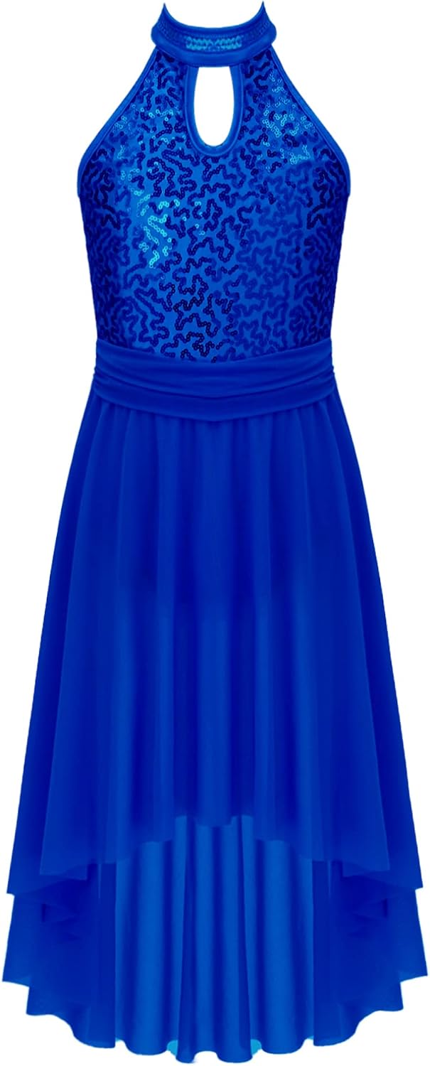 FEESHOW Girls Shiny Ballet Lyrical Dance Irregular Chiffon Dress Ballerina Leotards Dancing Costumes Royal Blue A 16 Years