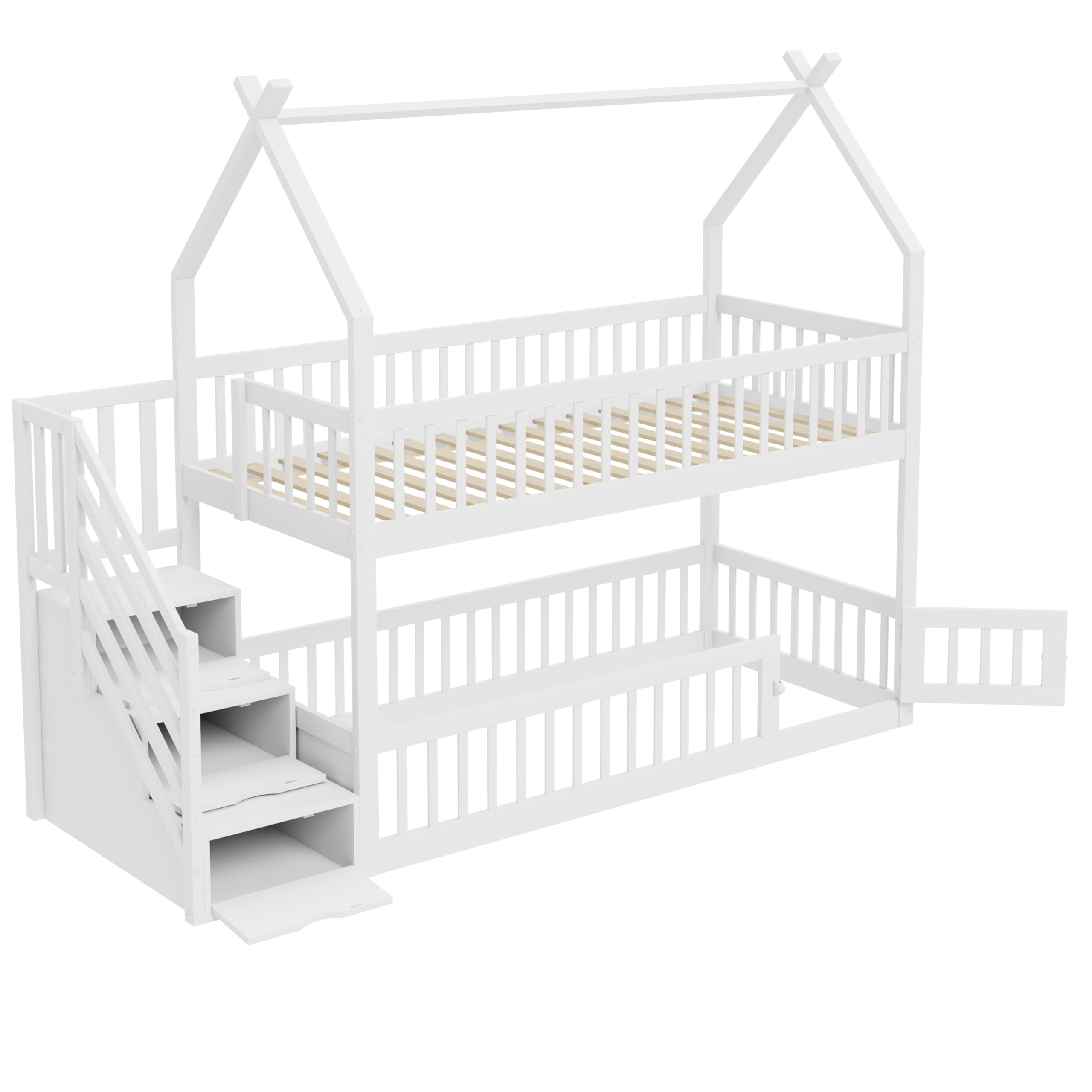 Etagenbett Kinderbett 90x200 cm mit Treppe und Stauraum, Hochbett Hausbett mit Rausfallschutz und Armlehne, Holzbett Bettgestell mit Lattenrost (Nur das obere Bett), Weiß, Ohne Matratze