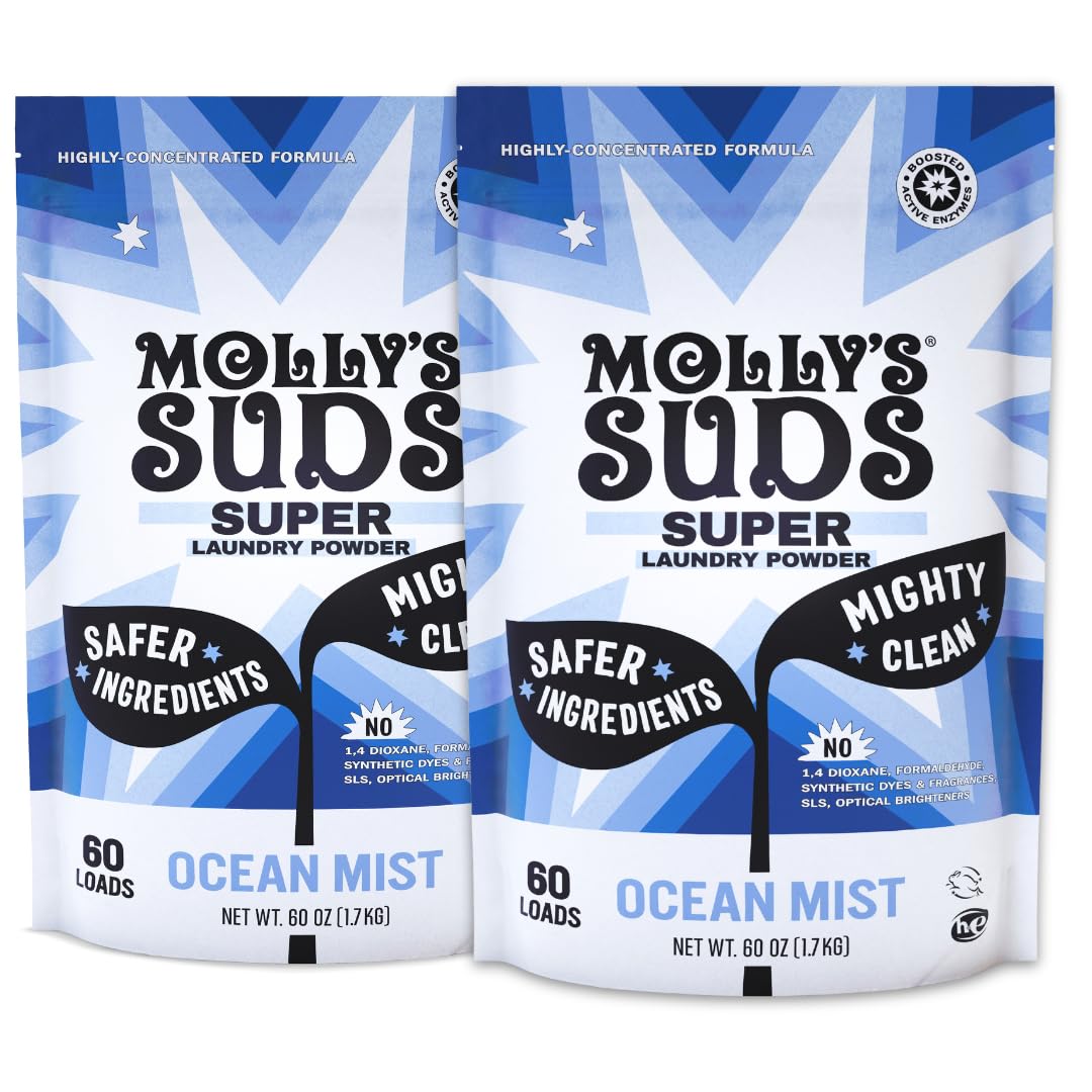 Molly's Suds Super Powder Detergent | Extra Strength Laundry Soap, Stain Fighting | Sensitive Skin | Simple, Effective Ingredients | Ocean Mist, 120 Loads Total (2 Pack)