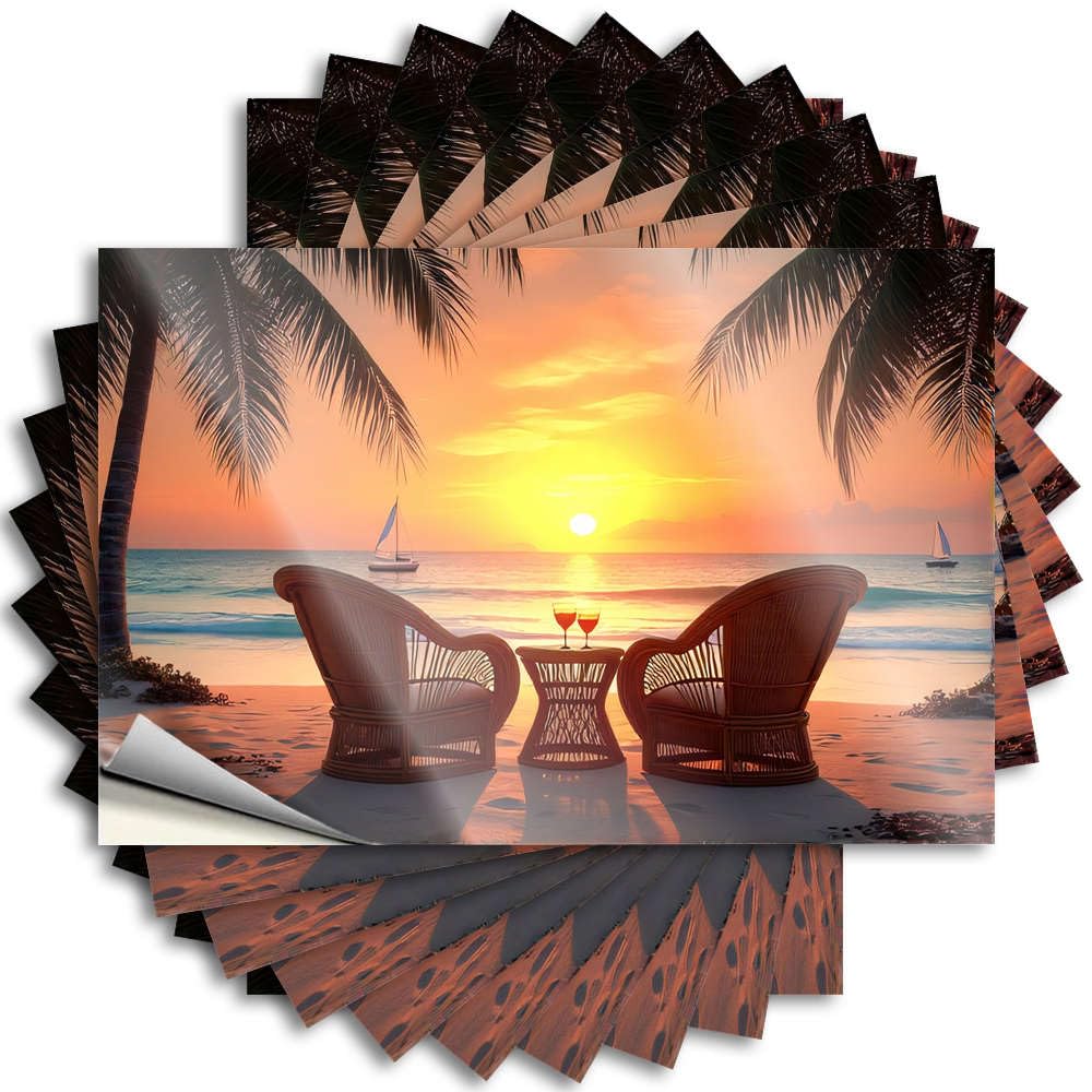 Backyard Bar Decor Interior Tattoo - Two Chairs On The Beach with Drinks, Palm Trees, and A Sunset Door Waterproof Vinyl Sticker(8X12CM)