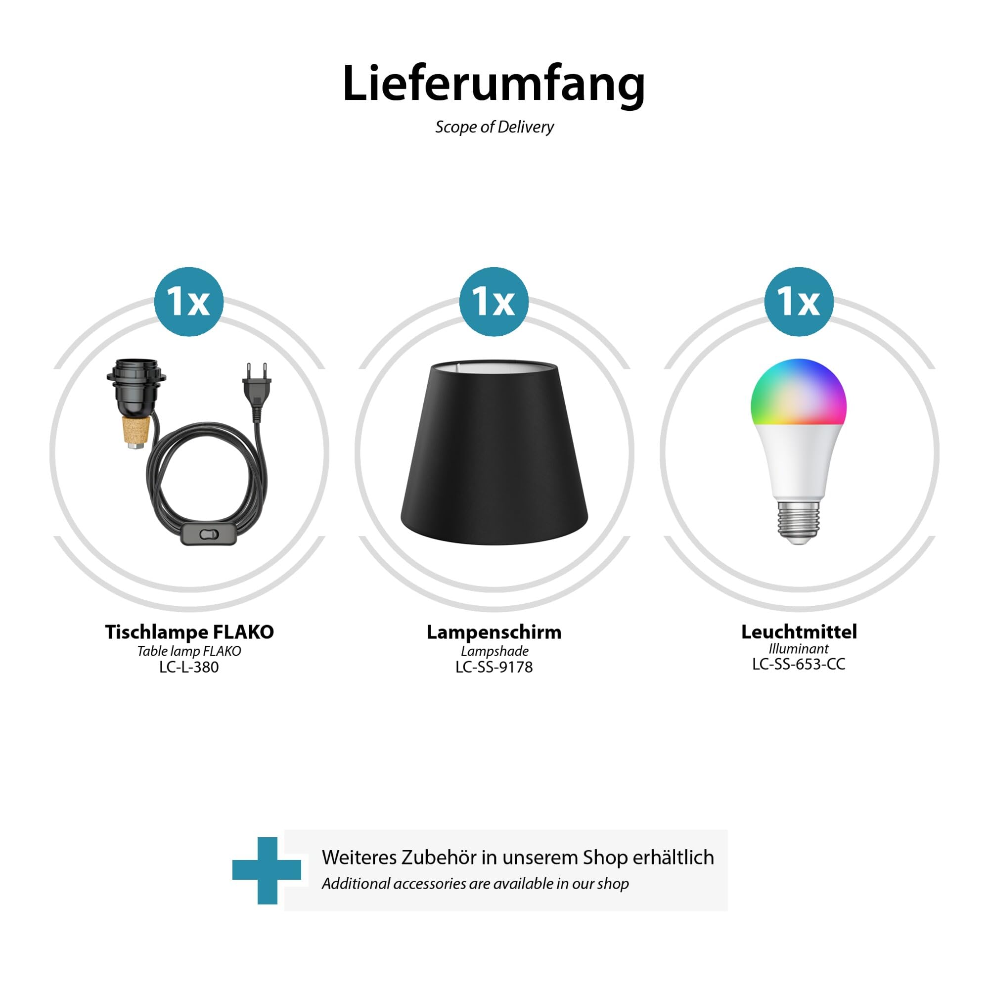 ledscom.de 2 lampade da tavolo FLAKO, cavo in tessuto + paralume nero, con lampadina E27 RGB inclusa, smart (bianco caldo - bianco freddo, 892 lm), senza bottiglia