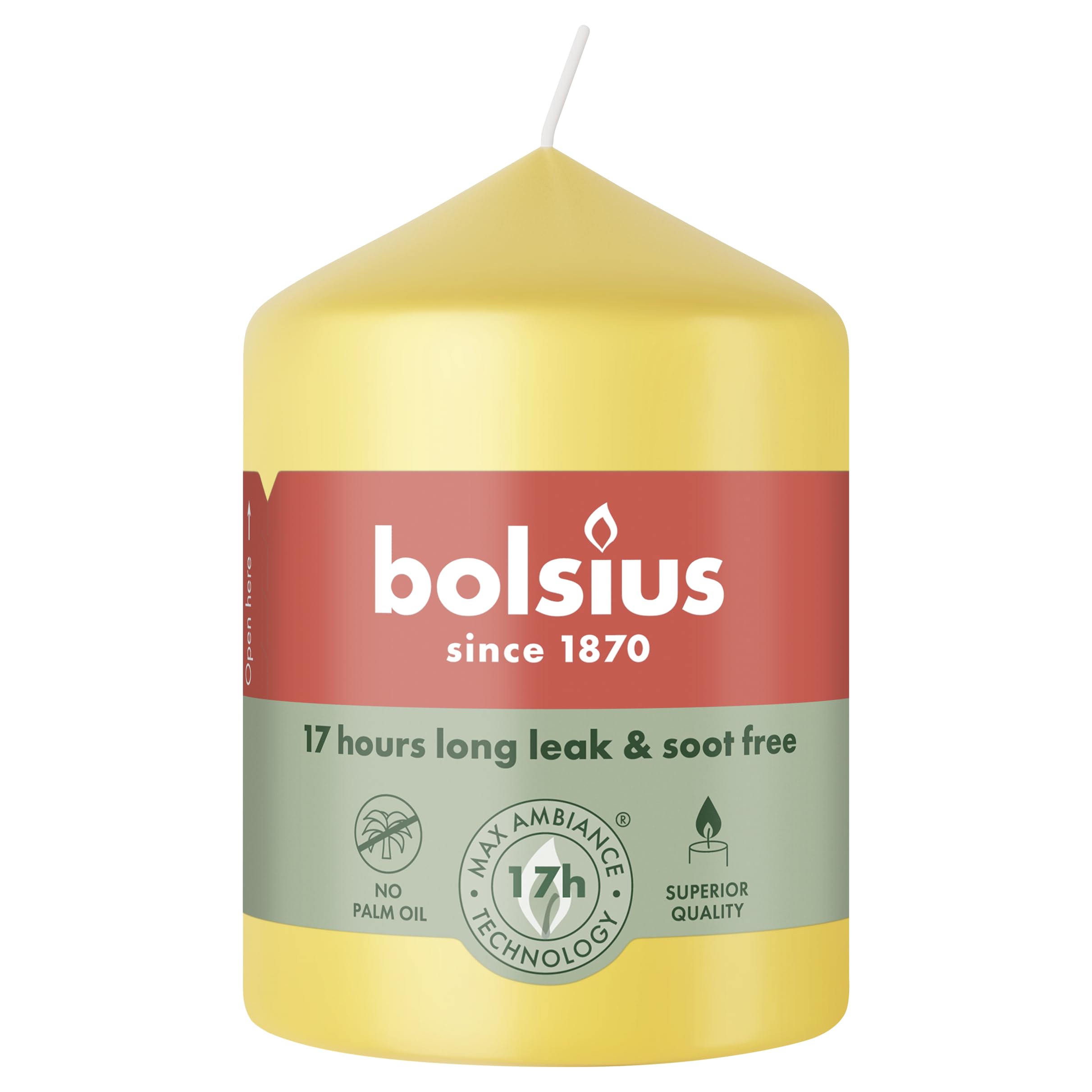 Bolsius, Essentials, Pillar Candle, Fresh Yellow, 8 cm, Length Burning Time 17 Hours, Unscented, Natural Plant Wax