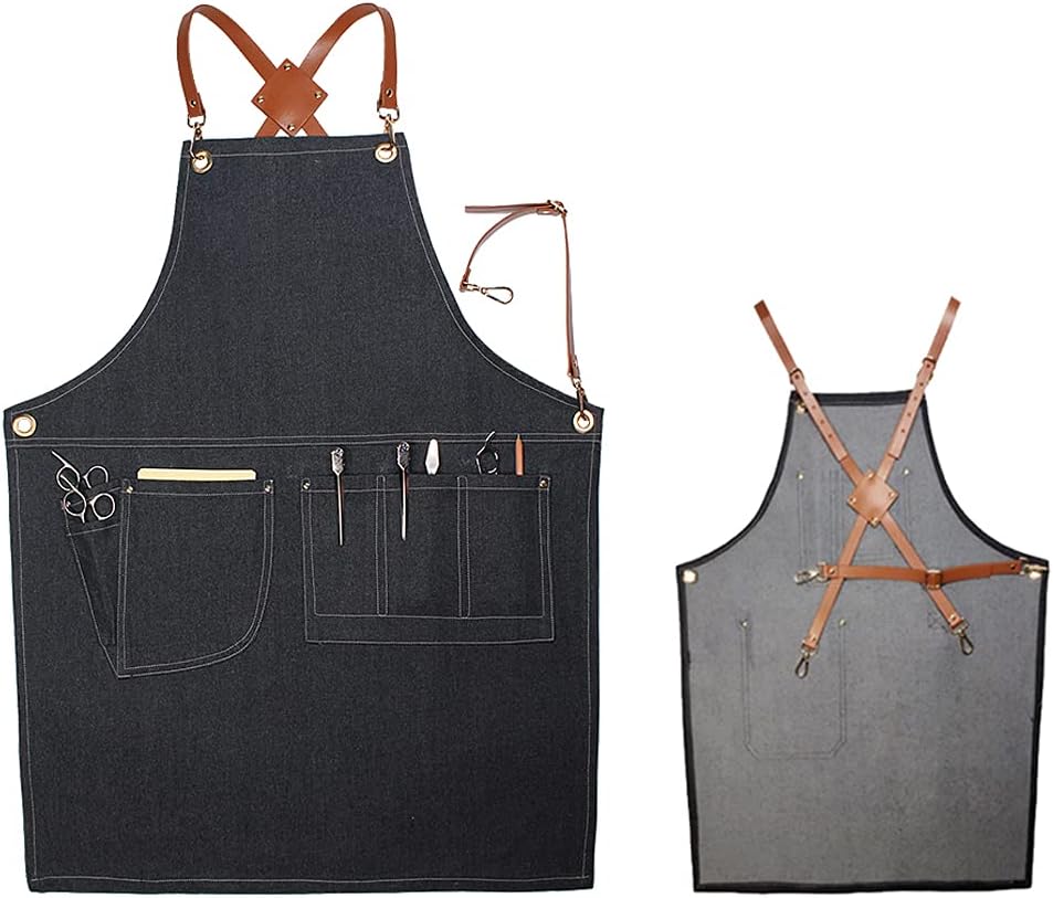 Denim Bib Apron, Adjustable Work Apron with Tool Pockets & Cross-Back Straps, Durable Tool Apron for Salon Barber, Woodworkers, Blacksmiths, Gardeners, Mechanics, BBQ, Hairdressers, Arts (Black)