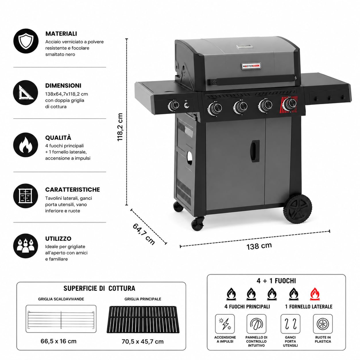 MasterCook - Barbecue a Gas 4+1 Fuochi con Griglia in Ghisa e Fornello Laterale, BBQ da Esterno con Coperchio, Tavolini Laterali e Ruote, Accensione a Impulsi, 138x64,7x118,2 cm