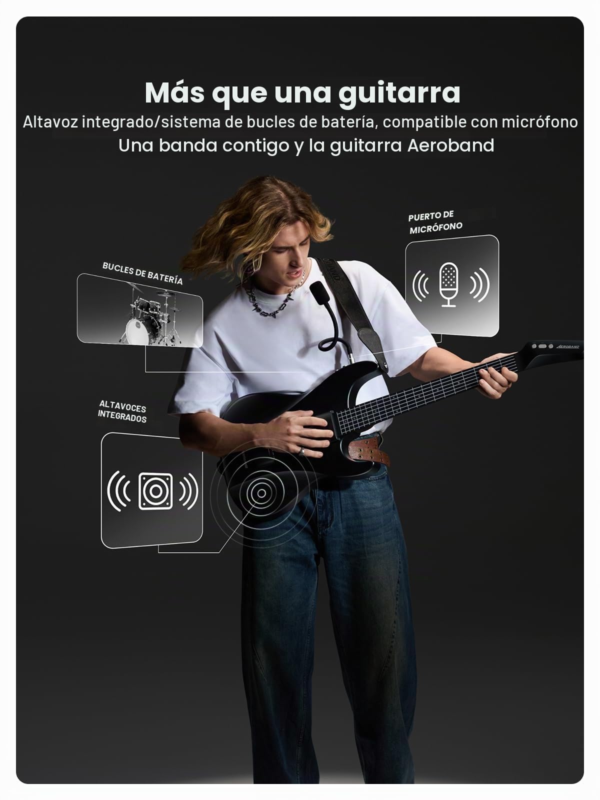 AeroBand AG01 - Guitarra eléctrica sin cuerdas, 9 tonos integrados, MIDI, mástil desmontable