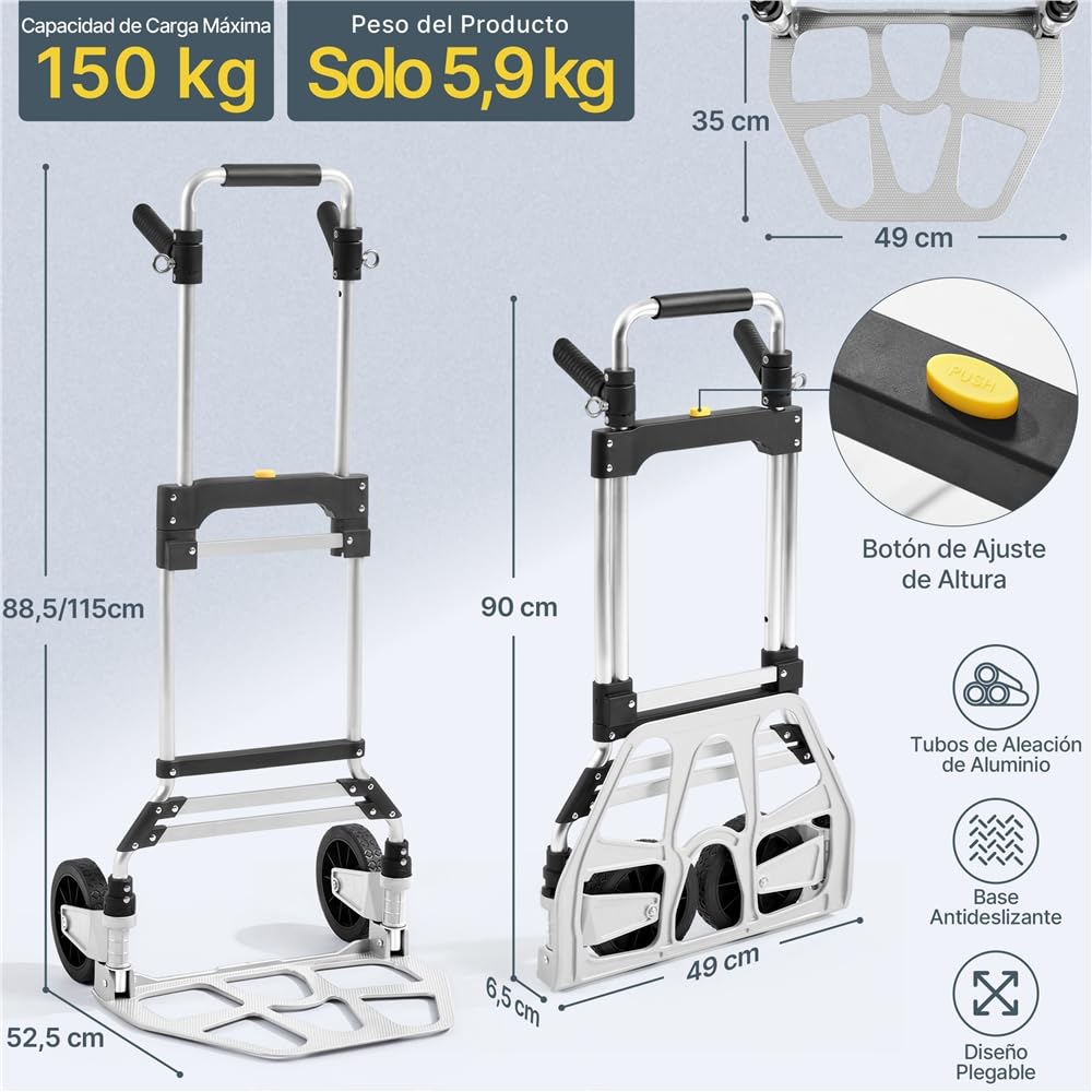 Yaheetech Carretilla de Mano Plegable Carga de 150 kg | Carro de Mano de Alta Resistencia con Ruedas Mango Telescópico para Transporte Doméstico, Mercancías de Almacén Supermercado