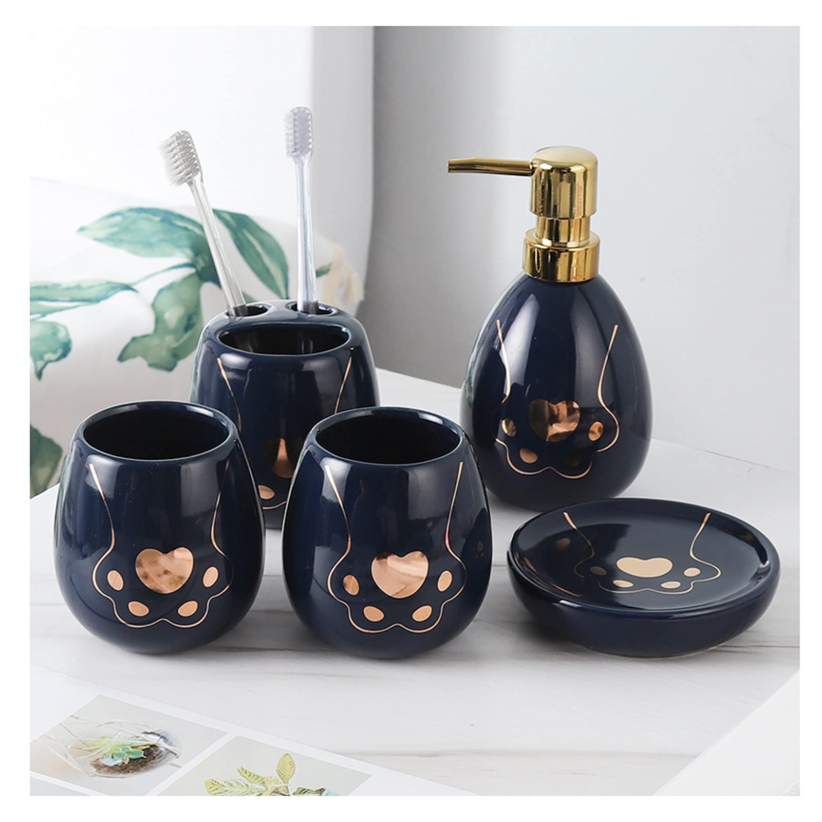 Dozownik mydła do łazienki, ceramiczny, 5-częściowy zestaw dla par, kubek do płukania ust, dozownik mydła, uchwyt na szczoteczki do zębów, mydelniczka, blat kuchenny (kolor: niebieski)