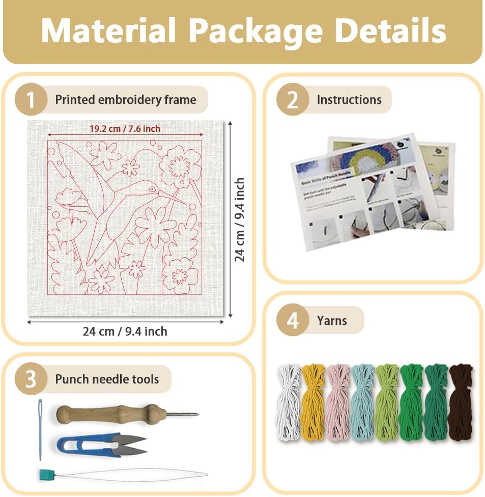 DOODLREAM Hummingbird Flying in Flowers DIY Punch Needle Embroidery Kit for Adult Beginner, 9.4" Bird Punch Stitching Craft Set for Starter with Frame,Fabric Pattern,Threader, Yarn, Pinch Needle