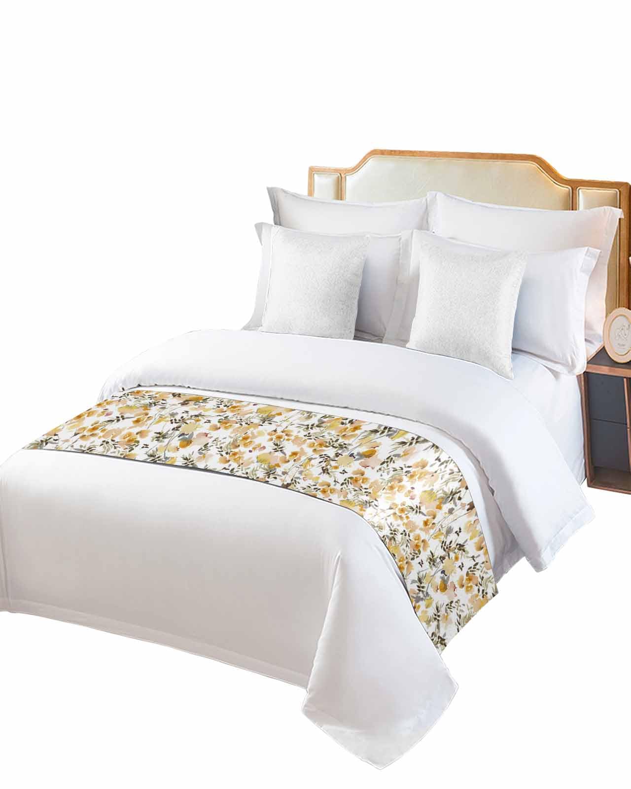 Twin Bed Runner Pastoral Wild Flower Botanical Bedding Runner Scarves Decorative Bed Scarf, Summer Watercolor Floral Soft Bedding Scarf for Bedroom Hotel Wedding 94x20in