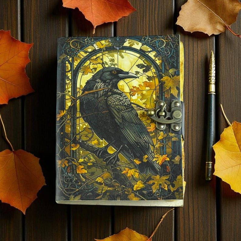 Saify Handicrafts Leather Gothic Journal Magical The Raven Spiral Notebook Mystery Crow Grimoire Witchcraft Spellwork Journal Great for Halloween and Raven Lovers Aesthetic (7x5 Inches) - Image 3