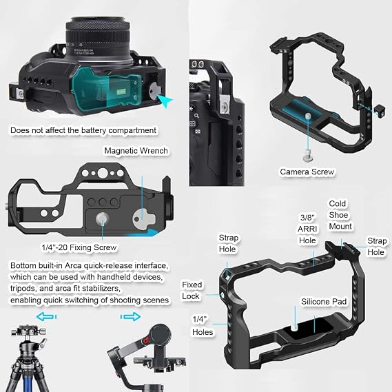 Camera Cage Compatible with Canon EOS R50, EOS R100, Camera Support Holder Bracket with Arca-Swiss Fit Quick Release Plate, Aluminum Alloy DSLR Rig Stabilizer with Cold Shoe, 1/4 & 3/8 & ARRI Holes