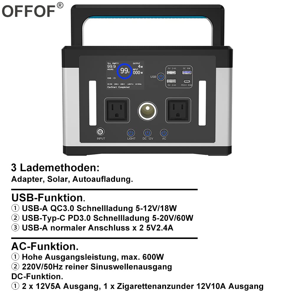 OFFOF Protable Power Station 700 W, 577 Wh, szczytowa 1000 W, przenośna stacja zasilająca Solar AC, samochód, ładowanie słoneczne, trzy porty USB, kemping, wędkarstwo, generacja samochodów