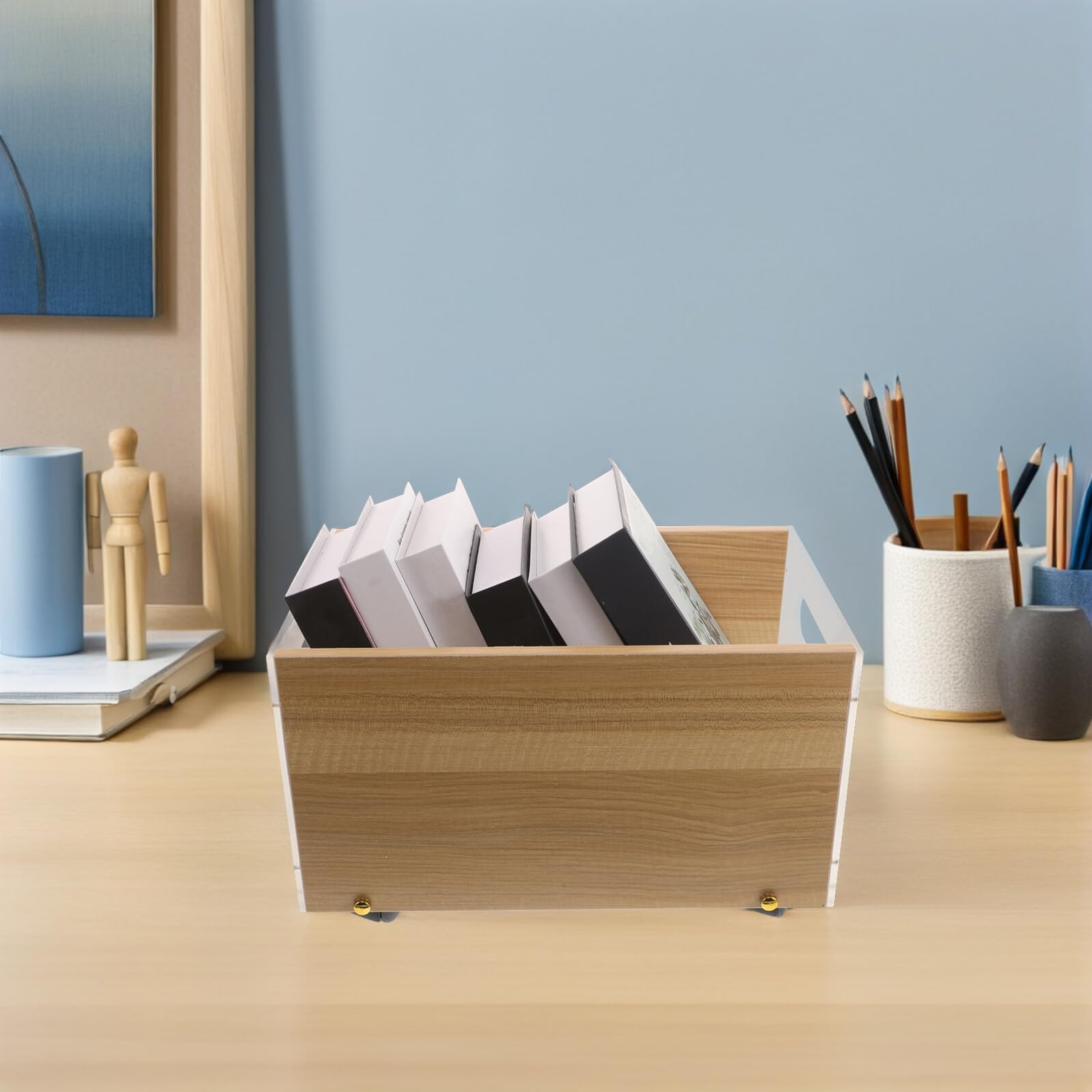 SHINEOFI Rollbare Bücheraufbewahrungsbox 38x25cm mit Griffen Mobiler Organizer für Schulbücher Ordner und Zeitschriften im Schülerzimmer und Klassenzimmer