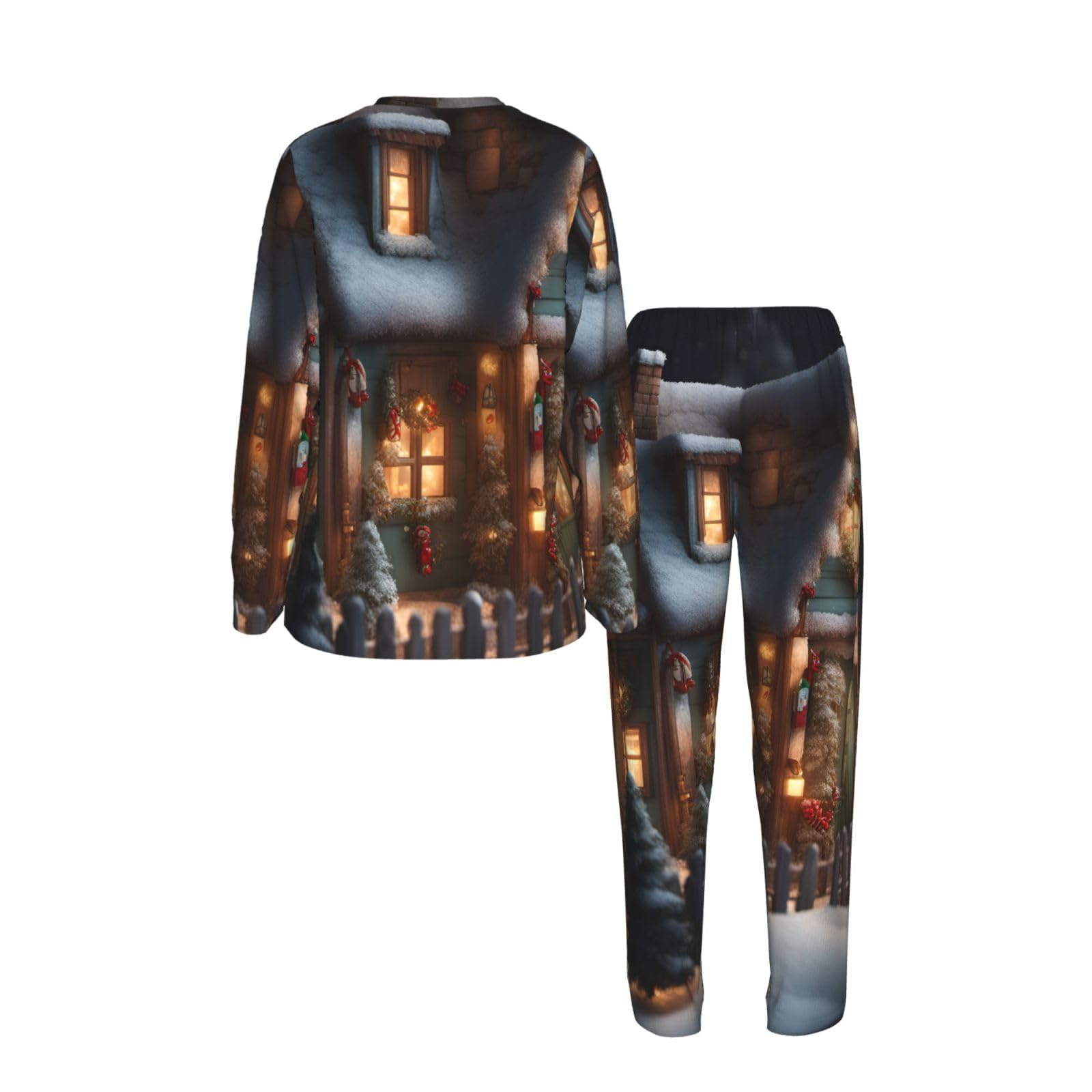 Christmas Village House 4 Stampa Donna Manica Lunga Pigiama Corrispondente Morbido Spiaggia Vacanze Nightwear Regalo Casual