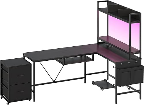 VIGKOOK Escritorio para juegos en forma de L, escritorio esquinero reversible para computadora con toma de corriente y tira LED, escritorios de