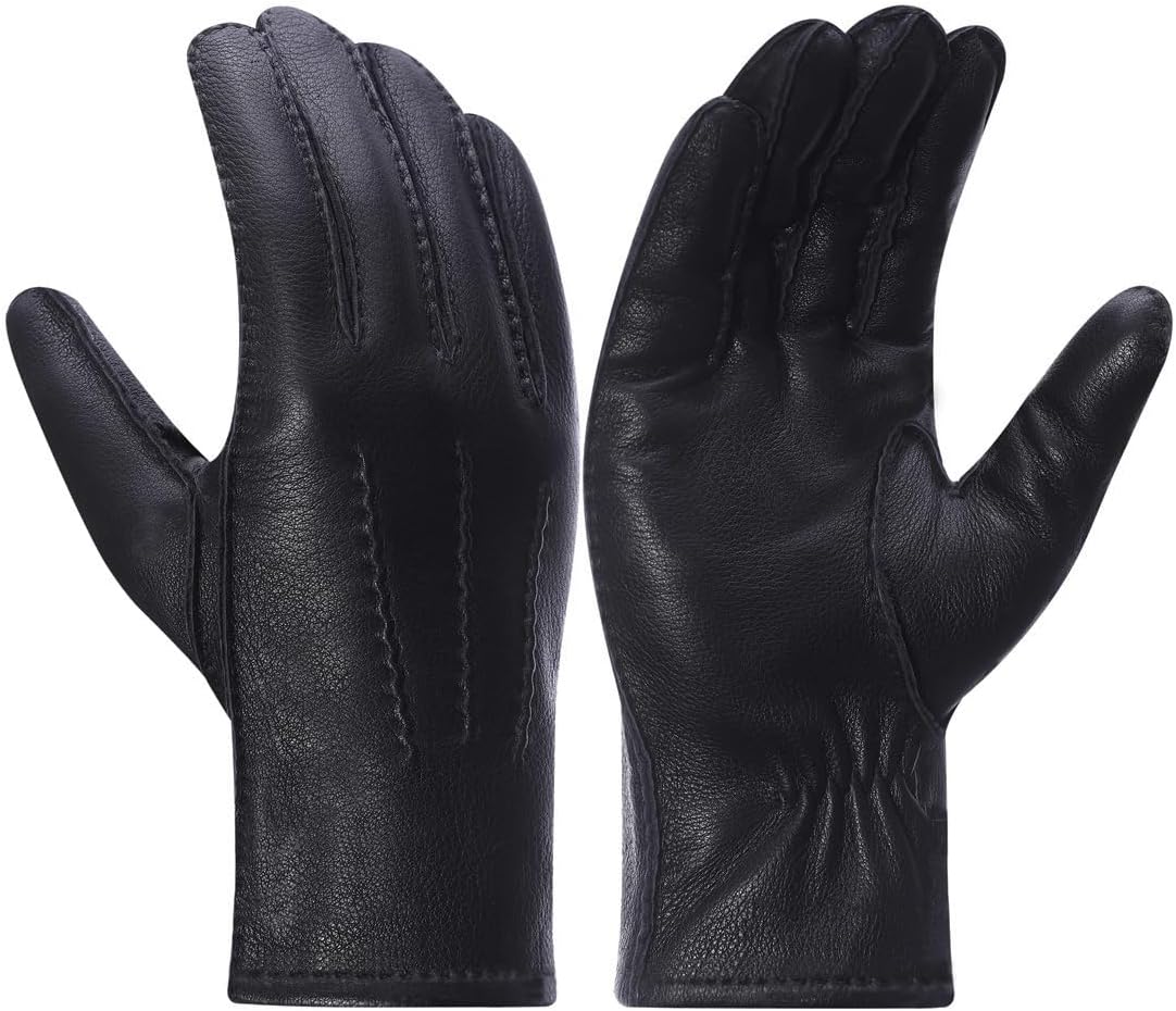 Meetoget Deerskin Leather Gloves For Men With Cashmere Lined Winter Warmth USM04