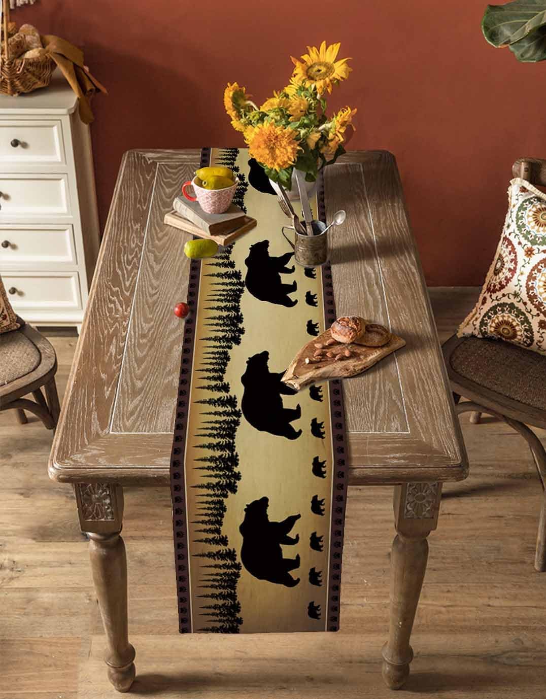 Polar Bear Table Runner, Vintage Animals Pine Trees Country Cotton Linen Table Runners for Dinner, Party, Wedding, Catering Events, Holiday, Farmhouse, Dresser Scarves Decor 13x90 inch