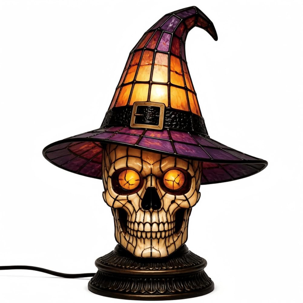 Stained Glass Witch Hat Lamp Resin Vintage Halloween USB Table Night Light