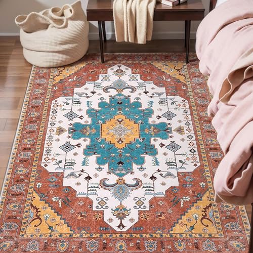 SERISSA Area Rug 3x5 Boho Orange Rugs for Bedroom, Washable Kitchen Rugs Non-Slip, Ultra Soft Print Distressed Vintage Entry Rug Low-Pile Throw Rug Carpet for Nursery Living Room Dorm Decor
