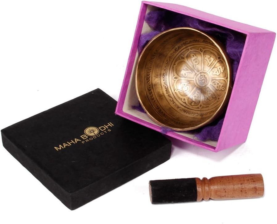 Tibetan Singing Bowl Set ~ Antique Etch Design ~ Maha Bodhi 5 Inch Wide Authentic Meditation Gong for Relaxation and Healing ~ Completely Hand Etched & Hand Carved ~ Perfect Gift